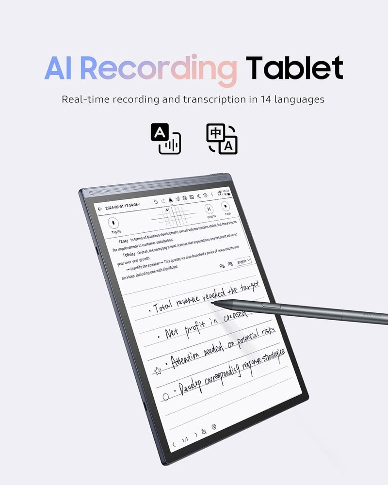 iFLYTEK تابلت AINOTE Air 2 بالحبر مع قلم ستايلس، تحويل الصوت إلى نص، ترجمة لغات، نظام أندرويد، مع سماعات الأذن اللاسلكية Viaim RecDot الذكية باللون الفضي - Image 2
